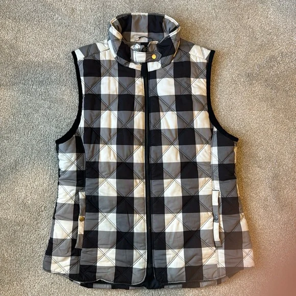 Kenzie women size large quilted vest buffalo plaid check black grey white - Picture 1 of 11
